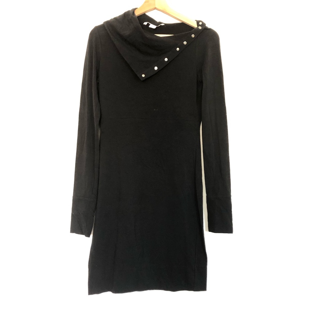 DVF Black Long Sleeve Turtle Snap Asymmetrical Neckline Dress